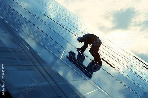 Technician adjusting solar inverter on the side of an office building. Modern technology harnessing renewable energy for clean environment