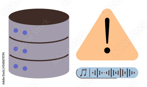 Database stack, triangular warning sign, and audio file visualization. Ideal for cybersecurity, IT failure, data management, system error, file corruption storage capacity audio disruption. Simple