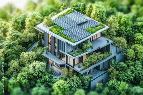 Sustainable living with eco friendly modern home surrounded by green tree renewable energy solutions, and environmentally conscious lifestyles.