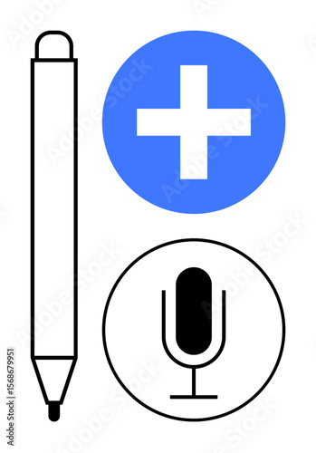 Pen, microphone icon, and blue plus sign icon representing writing and recording tools. Ideal for creativity, communication, technology, content creation, teamwork, note-taking simple landing page