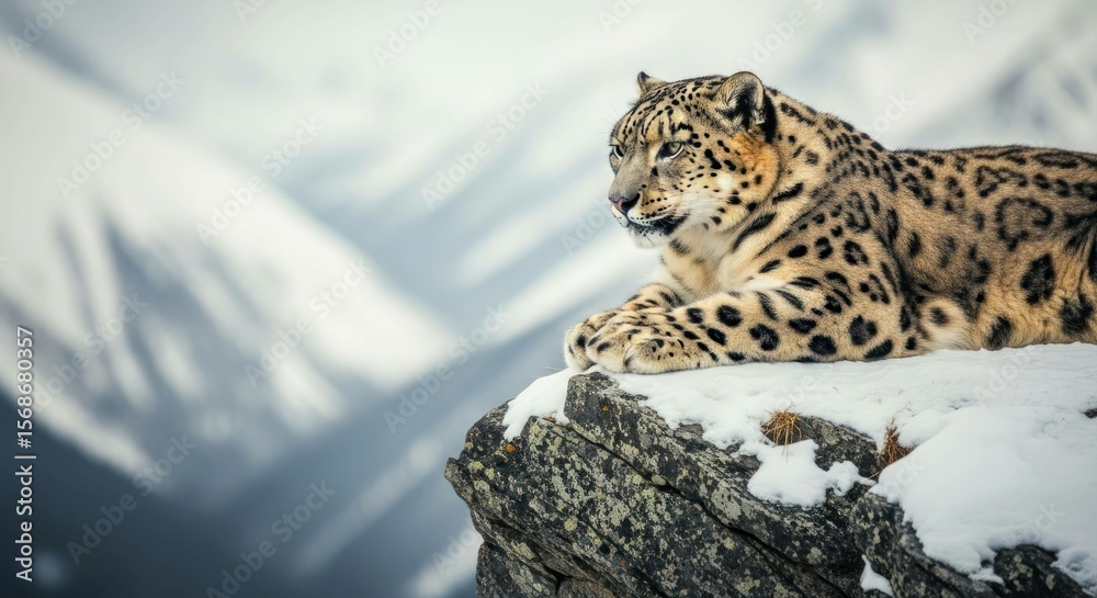 Fototapeta premium Elegant snow leopard resting on snowy rocks with mountain backdrop