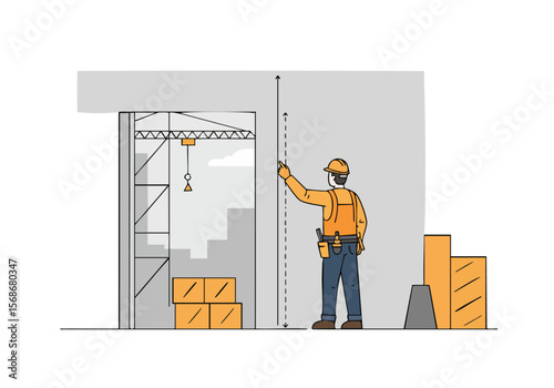 A construction worker uses a laser level to measure room height. Clear visual, professional setting, focused composition. Ideal for construction, building, or safety themes.