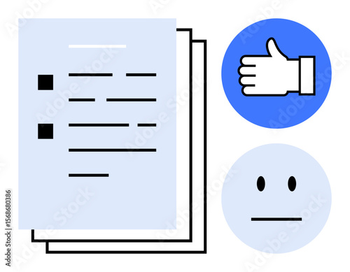 Checklist document beside thumbs up and neutral face icons symbolizing evaluation, rating, and feedback. Ideal for reports, surveys, decision-making, analytics, polling, review concepts and simple
