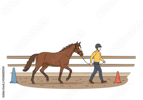 A man guides a horse in a trot, demonstrating equestrian skill. Clear composition, outdoor setting, and focused action. Suitable for training, riding, and horsemanship themes.
