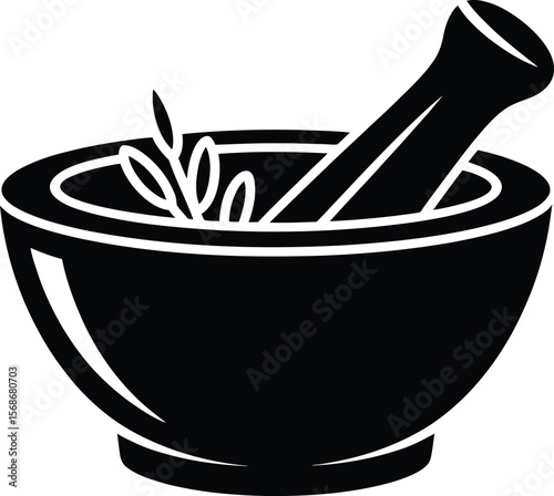 Mortar and Pestle with Herbs Icon: Minimalist Black and White Herbal Medicine Vector