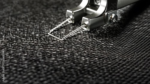 Close-up of a sewing machine stitching dark fabric