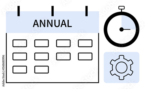 Annual calendar with grid layout, stopwatch, and gear symbolizing time management, productivity, and planning. Ideal for scheduling, organization, strategy, workflow project management goal