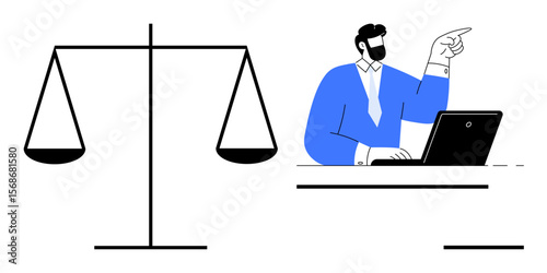 Justice scale next to man at laptop pointing forward. Highlights law, authority, equality, decision-making, consultation, leadership, guidance. Ideal for legal system ethics leadership