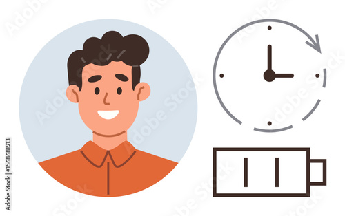 Smiling man portrait with clock and battery. Ideal for productivity, time management, work-life balance, energy conservation, personal growth, schedule optimization, motivation. Simple flat metaphor