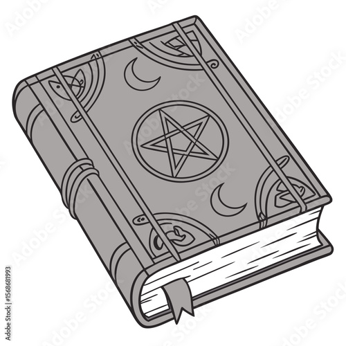 Ancient grimoire with celestial symbols and pentagram