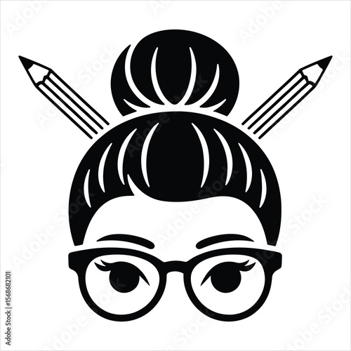 Teacher Woman Silhouette with Glasses and Pencil Bun Vector Illustration