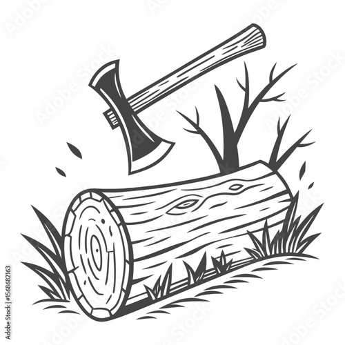 Axe chopping wood log with bare branches cutting forest