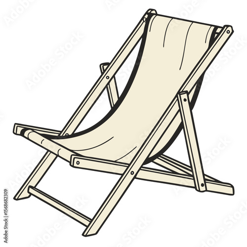 Beige canvas beach chair with wooden frame recliner