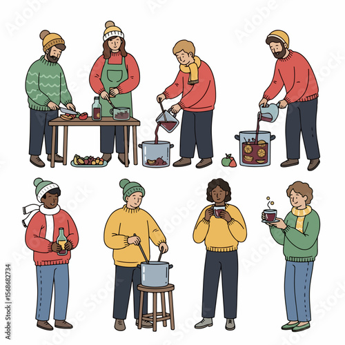 Friends making mulled wine, cozy winter gathering