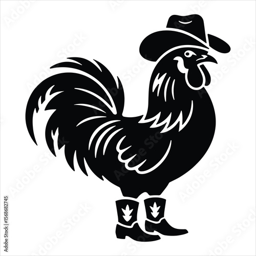 Cowboy Rooster Silhouette Vector. Funny Farm Animal in Hat and Boots for Country Style and Western Design.
