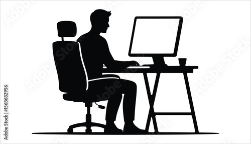 Man Working on Computer Silhouette. Office Desk Setup with Monitor and Chair for Remote Work and Productivity Design.