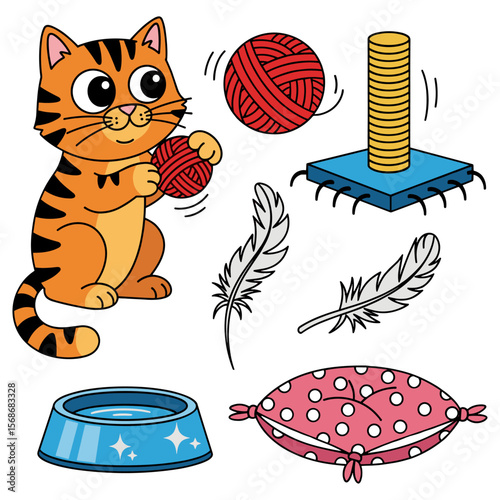 Adorable Cat with Playful Toys and Essentials