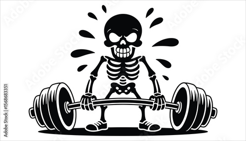 Skeleton Weightlifting Silhouette. Funny Gym Workout Vector of Skull Lifting Barbell for Fitness and Halloween Designs.