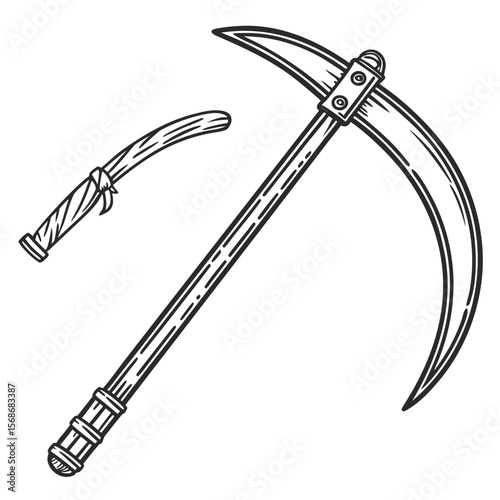 Curved blade tool and smaller sickle scythe agriculture