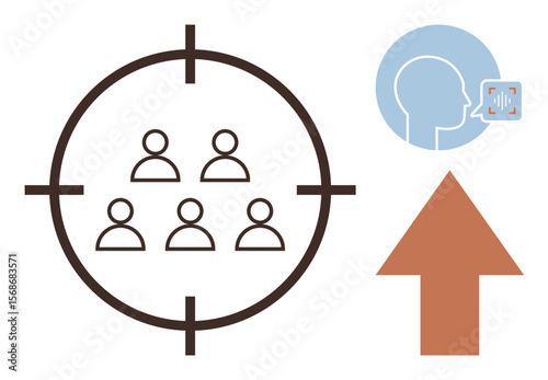 Group within focus target symbol, human profile analyzing voice patterns, upward arrow symbolizing progress. Ideal for marketing, analytics, growth, audience targeting, strategy, communication