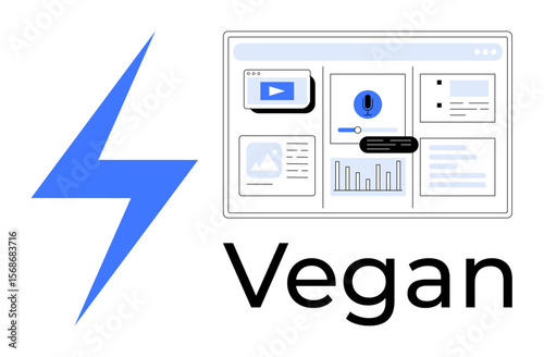 Lightning bolt, analytics dashboard with graphs, charts, video, and text panel layout next to Vegan text. Ideal for technology, veganism, speed analysis data branding simplicity. Minimal flat
