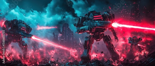 Futuristic war machines in a dystopian city