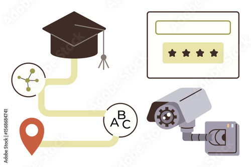 Graduation cap, educational path, security camera, rating system, and network icon emphasize monitoring, progress tracking, evaluation, online learning, security performance assessment and digital