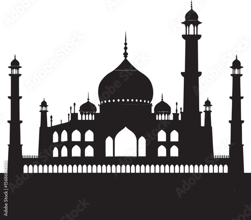 Black silhouette of a grand mausoleum with minarets