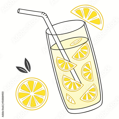 Lemonade glass with lemon slices and straw vector