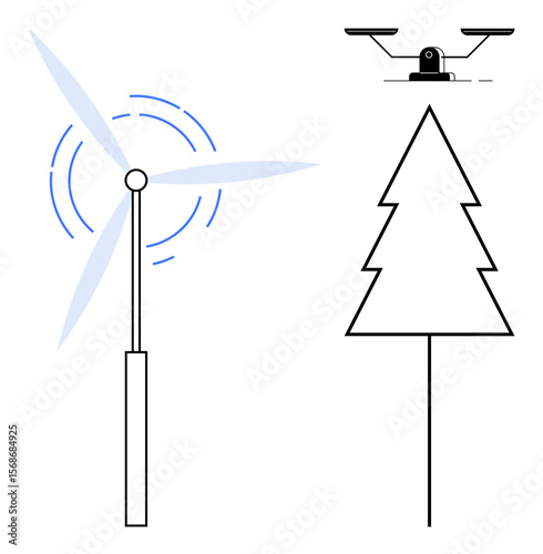 Wind turbine generating energy, drone with rotor blades above, and pine tree silhouette. Ideal for renewable energy, innovation, environment, technology, green living, ecology abstract concepts