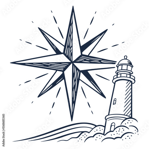 Nautical star and lighthouse illustration compass rose