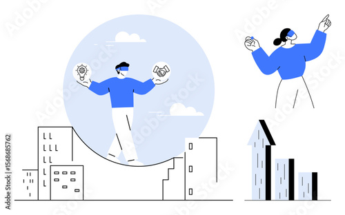 Person balancing lightbulb and handshake graphics with VR headset above a cityscape, analytics chart, and individual innovating. Ideal for technology, innovation, analytics, teamwork, balance, modern