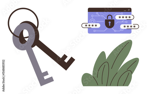 Two traditional keys, a green plant, and a secured password entry symbolizing digital and physical security. Ideal for privacy, protection, cybersecurity, access control, technology trust safety. A