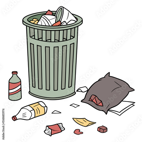 Overflowing trash can with scattered debris garbage