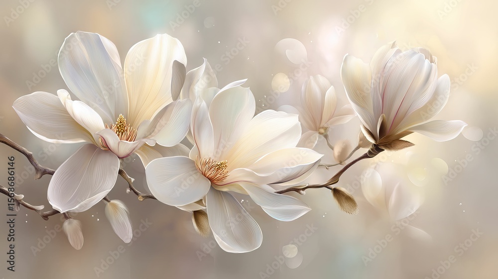 Fototapeta premium Artistic rendering of blooming white magnolias on a neutral beige backdrop