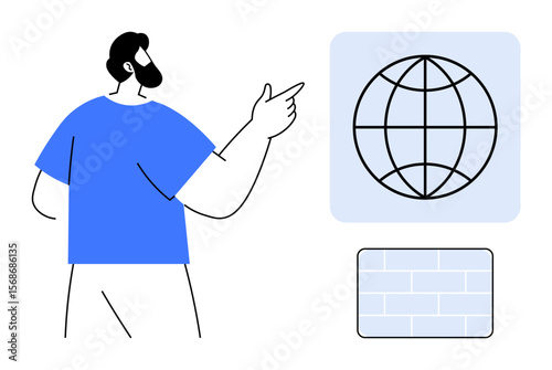 Bearded man in blue shirt gestures toward a globe icon and a brick pattern, implying collaboration, innovation, exploration, education, planning, communication, and simplicity ideal for flat metaphor