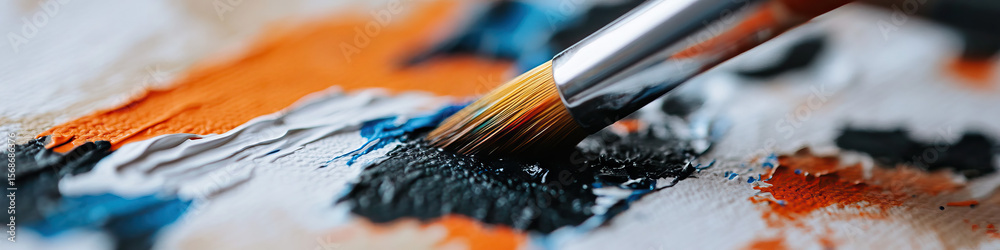 Fototapeta premium Paintbrush Applying Black Paint to Textured Canvas