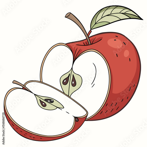 Red apple cut open with leaf green