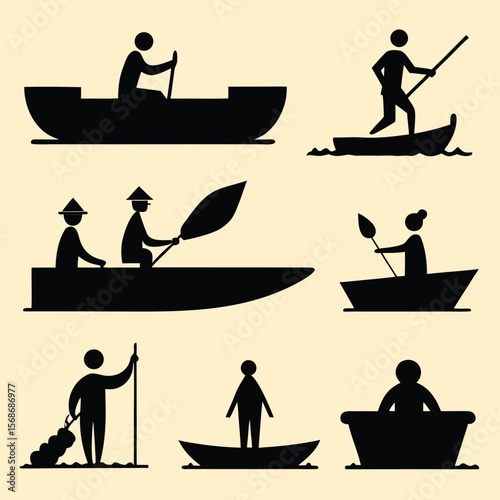 Collection of Simple Black Silhouettes of People Enjoying Various Water Activities