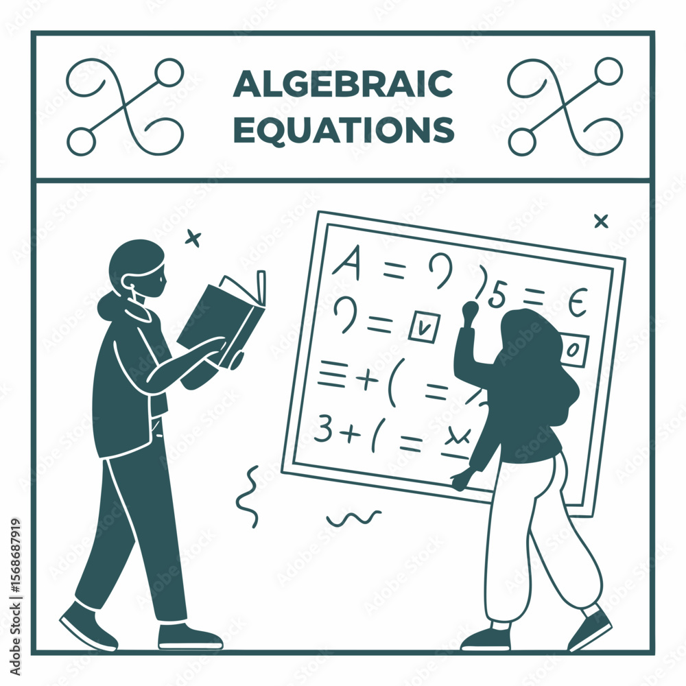 Naklejka premium Students learning algebraic equations chalkboard education