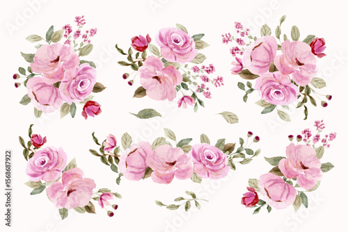 beautiful pink floral bouquet watercolor collection; pink floral composition set