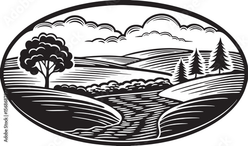 Scenic landscape with rolling hills and river trees