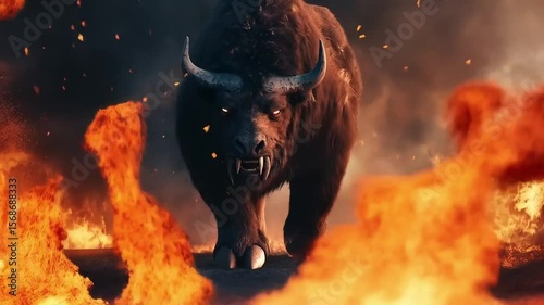 The fierce bull charged aggressively across the field, kicking up dust with every powerful step forward.