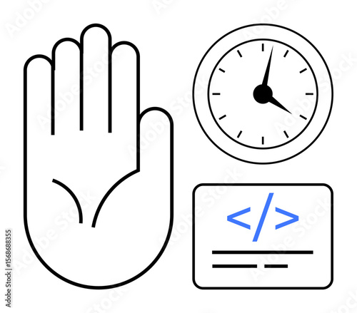 Open hand, analog clock, and coding tag outline. Ideal for control, time tracking, coding, teamwork, responsibility digital planning workflow. A simple flat metaphor