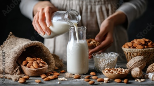 Woman pouring almond milk