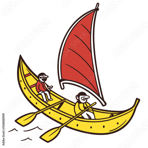 Yellow boat sailing with red sail vector