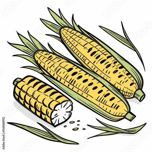 Yellow corn cobs with green husks maize food