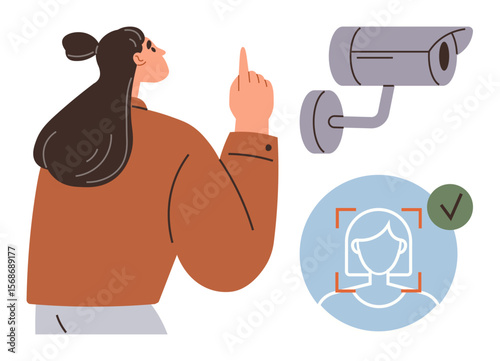 Woman gesturing near CCTV camera, facial recognition interface with approved verification mark. Ideal for security, privacy, technology, surveillance, AI, identity verification digital trust. Simple