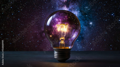 Illuminated Light Bulb with Galaxy Background.