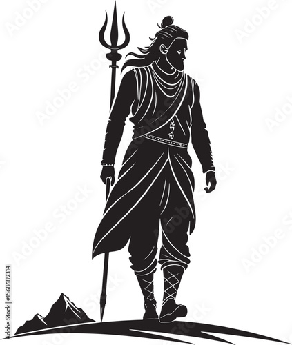 Warrior with trident on mountain black and white silhouette